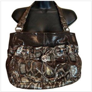 B Makowsky BRIANNA Snake Embossed Drawstring Shopper Shoulder Bag Espresso Brown